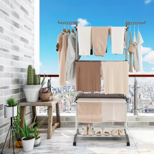 4 Tier Clothes Drying Rack Collapsible Shelves Laundry Hanger W/ Two Side Wings