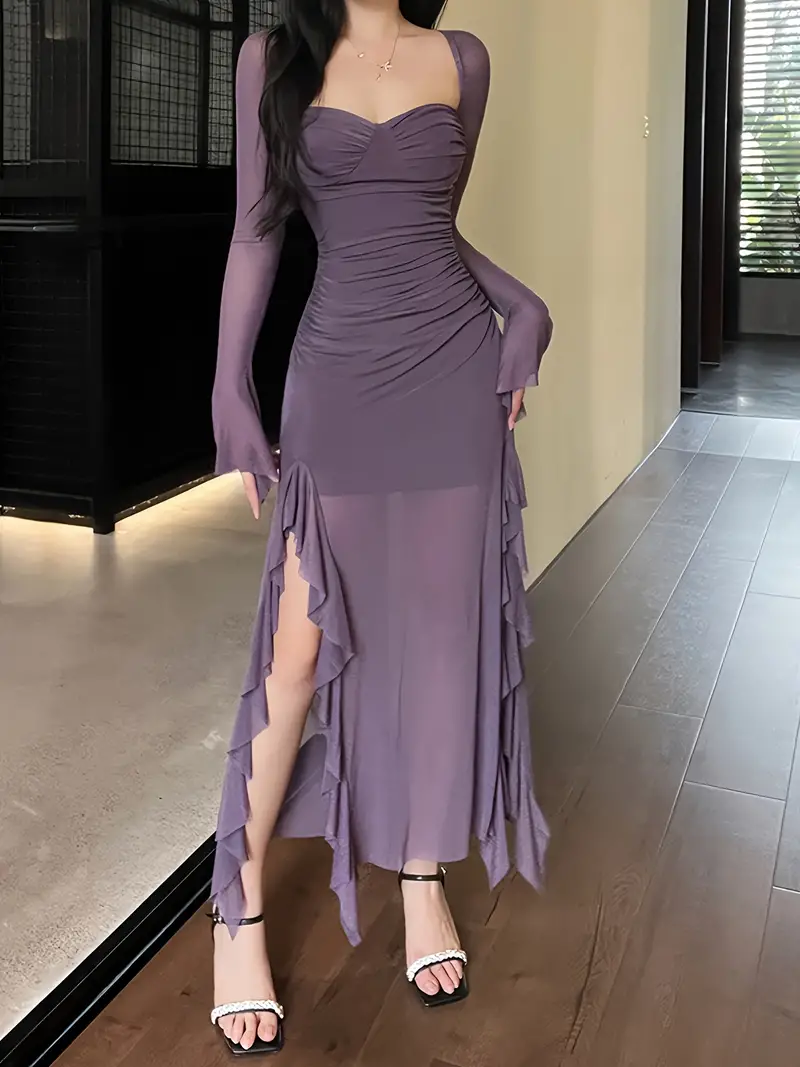 Solid Ruffle Trim Split Asymmetrical Dress, Elegant Flare Sleeve Mesh Ruched Dress, Women's Clothing