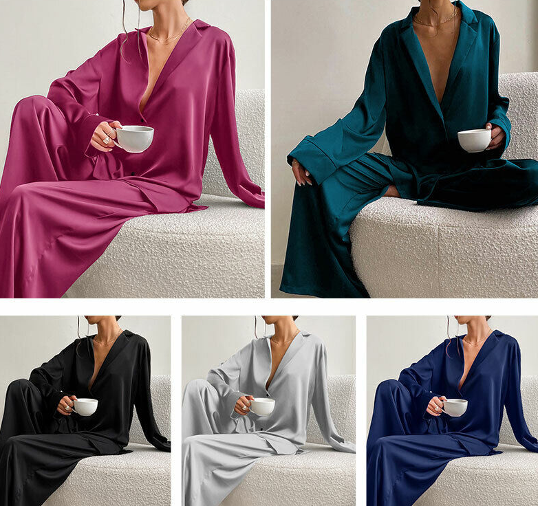 Luxury Women Oversized Silk Satin Sleepwear Sexy Pajamas Set Long Sleeves Pyjama